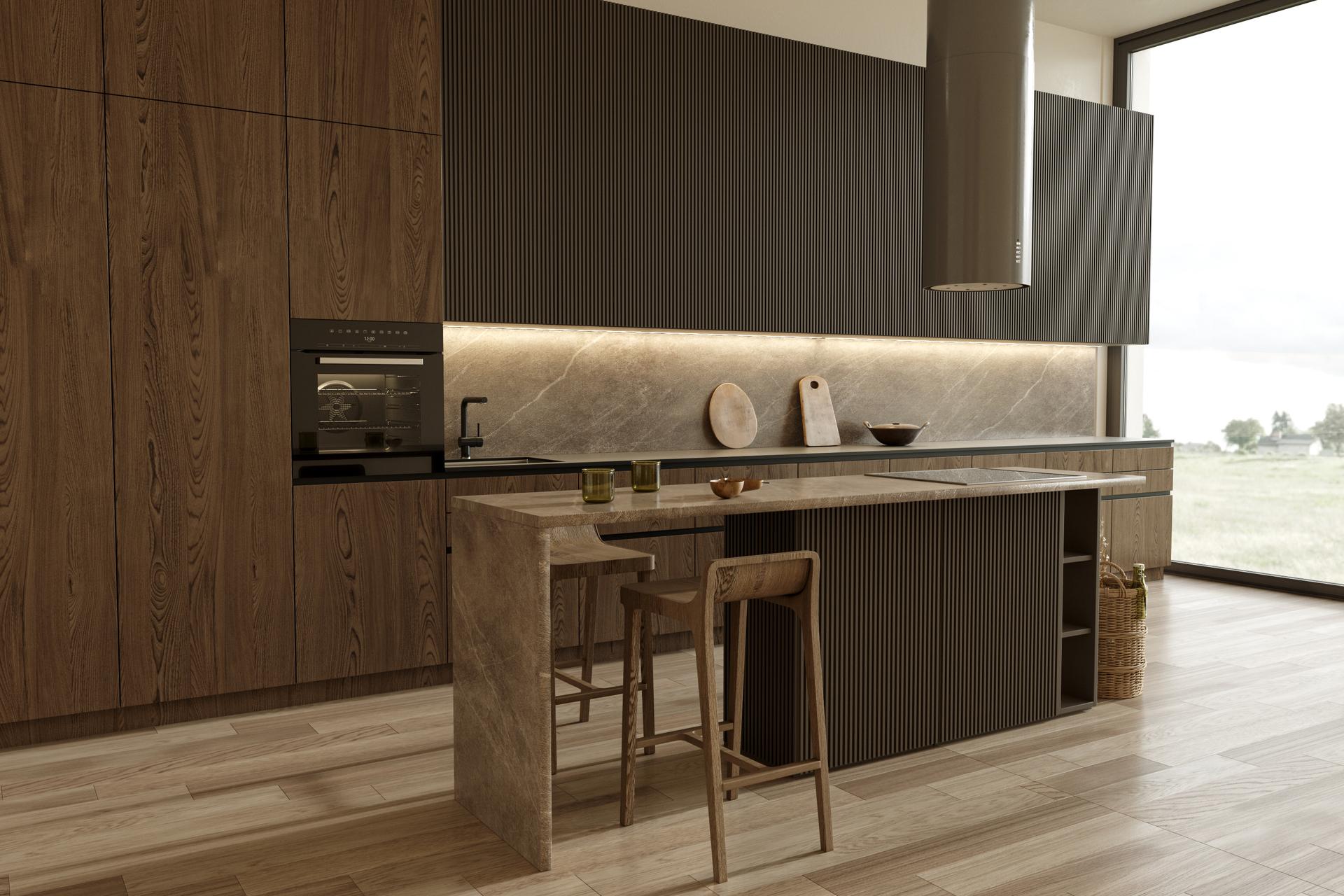 Luxury apartment with contemporary kitchen loft style in dark colors. Stylish modern room area with large window. 3d render illustration.
