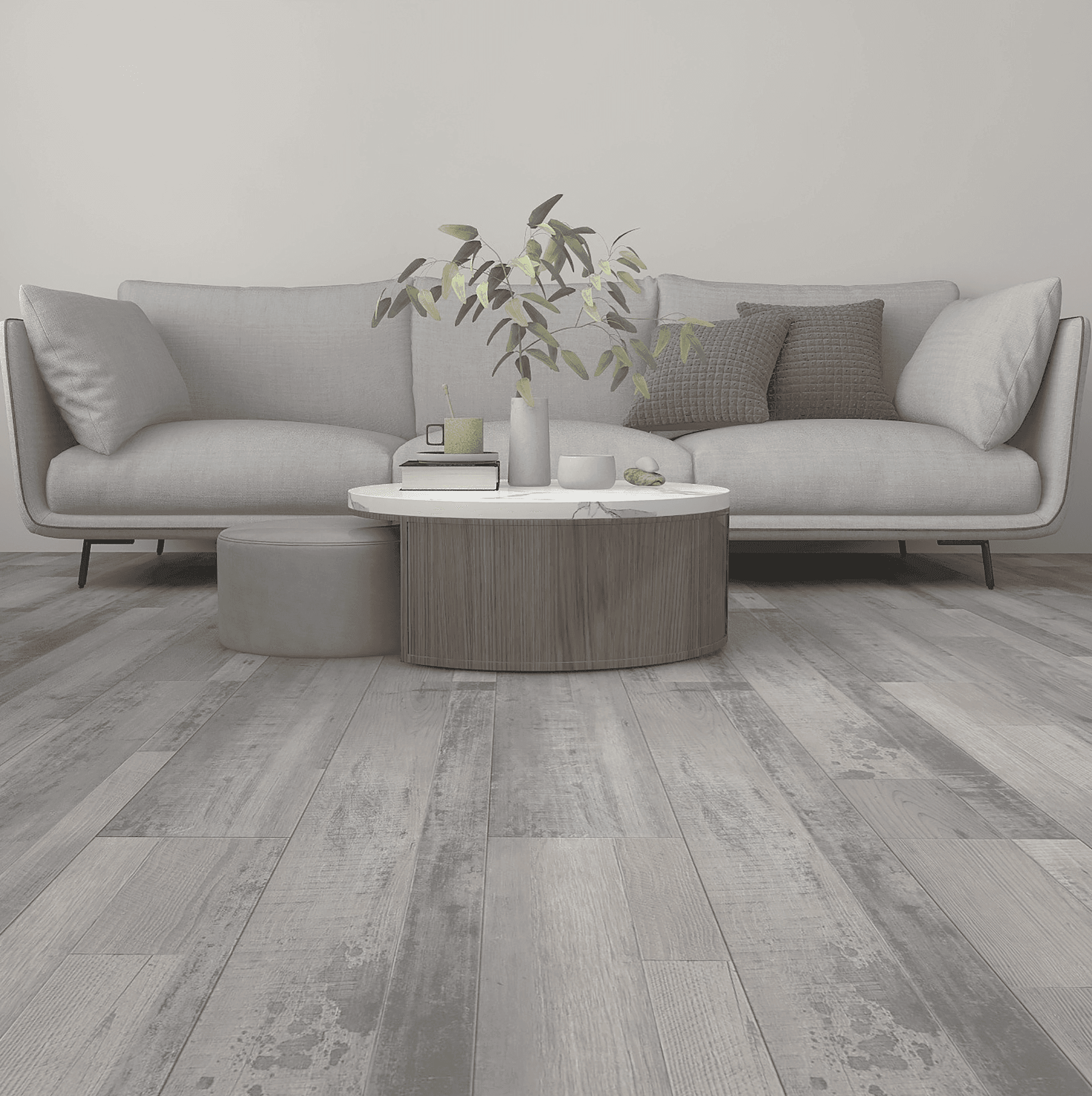 Modern living room with gray sofa, round coffee table, and potted plant on wooden flooring.